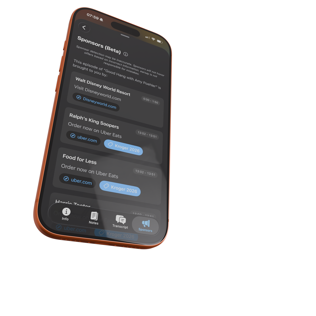 Skipper app showing sponsor detection